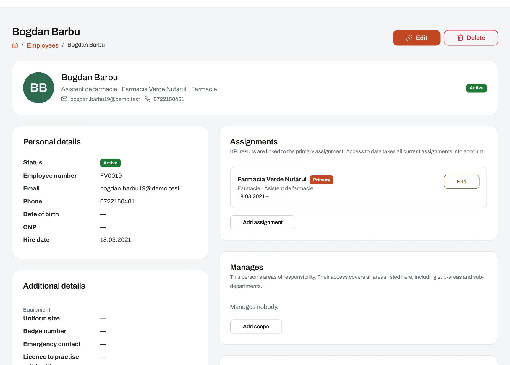 An employee’s record: personal details, placements and what the person manages.