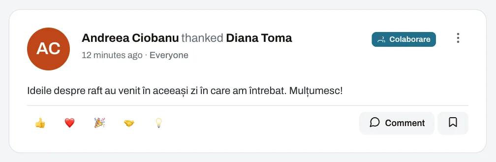 Kudos for a colleague, tied to a company value.