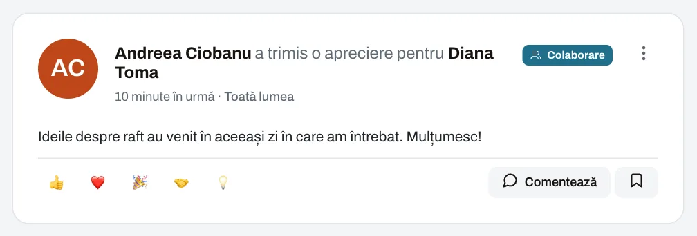 O apreciere pentru un coleg, legată de o valoare a companiei.