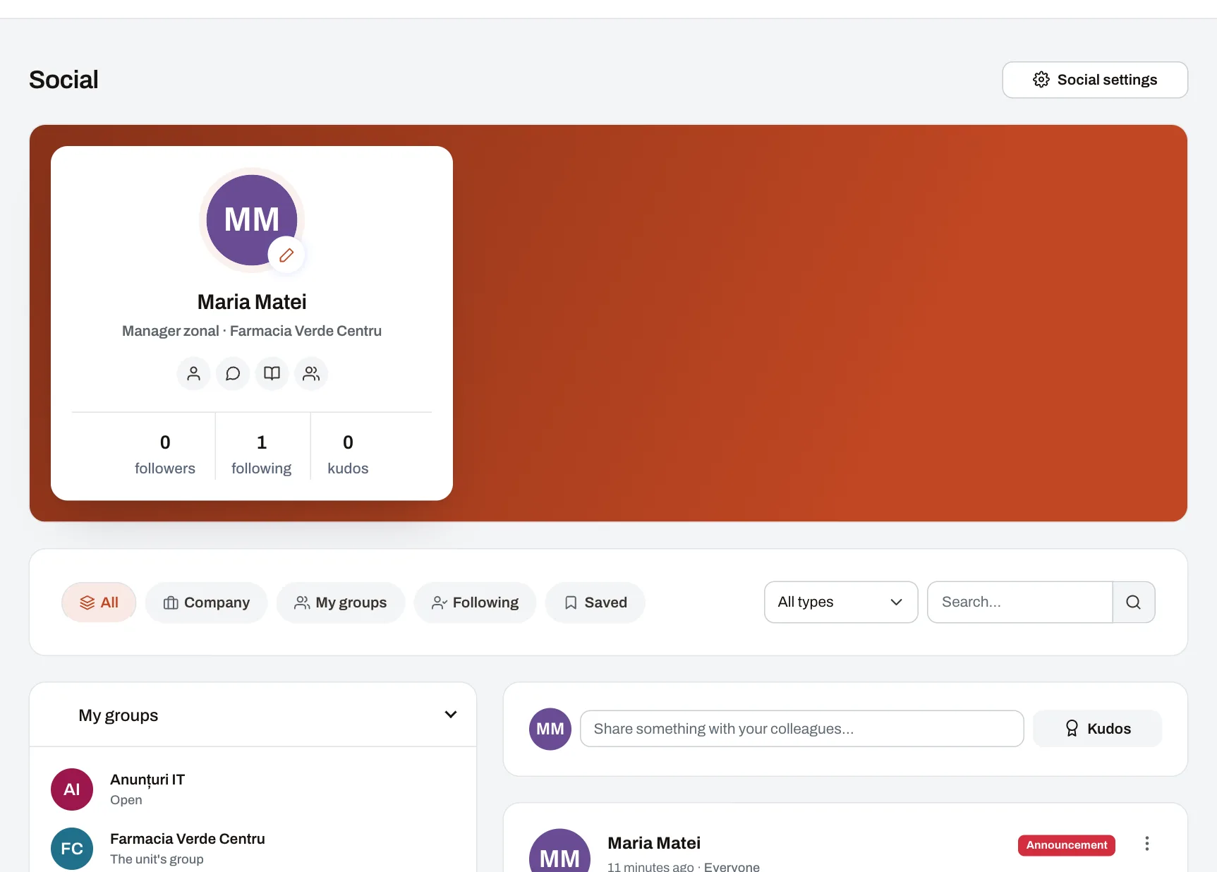 The Social feed: groups on the left, an announcement asking readers to confirm on the right.